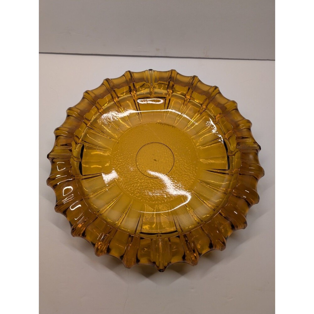 Vintage Fostoria Amber Glass Ashtray Sunburst Ribbed Design Mid-Century